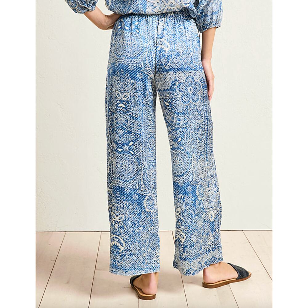 Johnny Was Lauchlen Wide Leg Silk Pants Denim Printed Satin Resort Blue XL NWT - Picture 2 of 12